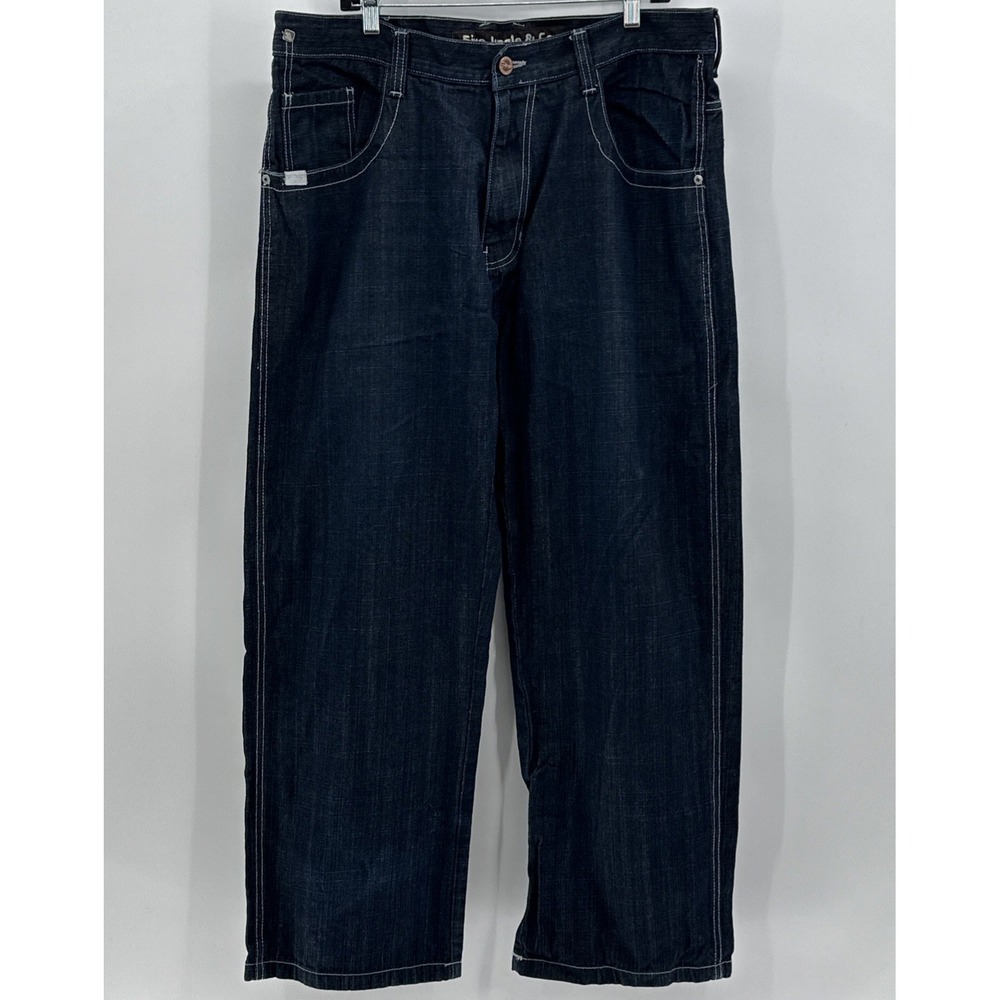 VTG Y2K Black Denim 5ive Jungle Jeans 40x30 Baggy Wide Leg Embroider Heavy Stich